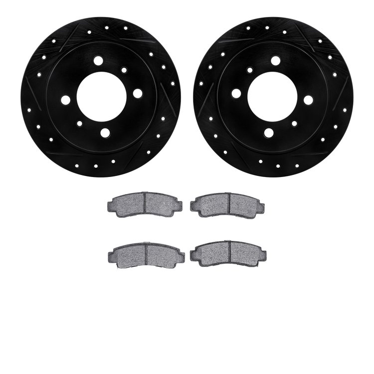 8302-67063 Drilled/Slotted Brake Rotors with 3000-Series Ceramic Brake Pads Kit [Black], 1991-2006 Infiniti/Nissan, Position: Re