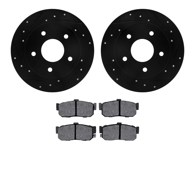 8302-67064 Drilled/Slotted Brake Rotors with 3000-Series Ceramic Brake Pads Kit [Black], 1991-1993 Infiniti/Nissan, Position: Re