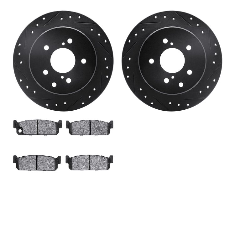 8302-68003 Drilled/Slotted Brake Rotors with 3000-Series Ceramic Brake Pads Kit [Black], 1990-1993 Infiniti/Nissan, Position: Re