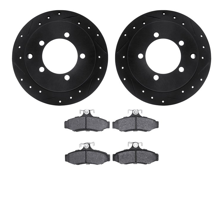 8302-72004 Drilled/Slotted Brake Rotors with 3000-Series Ceramic Brake Pads Kit [Black], 1997-2004 Mitsubishi, Position: Rear