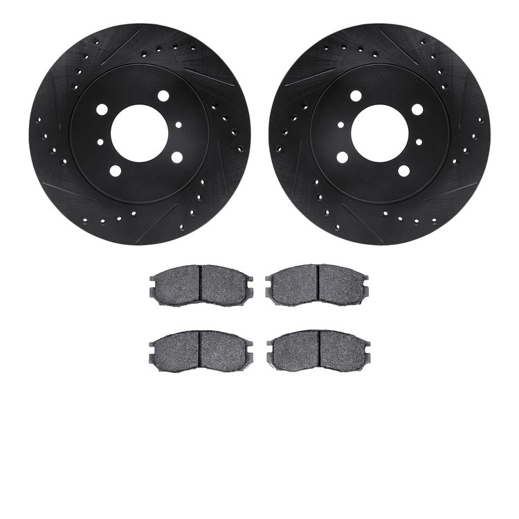 8302-72038 Drilled/Slotted Brake Rotors with 3000-Series Ceramic Brake Pads Kit [Black], 1998-2002 Mitsubishi, Position: Front