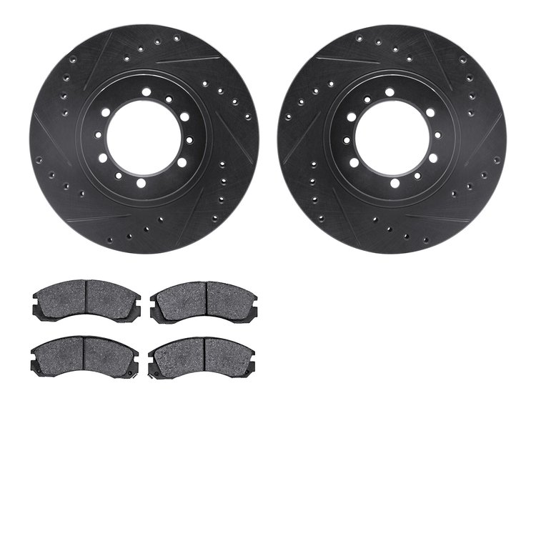 8302-72043 Drilled/Slotted Brake Rotors with 3000-Series Ceramic Brake Pads Kit [Black], 1990-2004 Mitsubishi, Position: Front