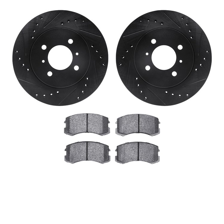 8302-72077 Drilled/Slotted Brake Rotors with 3000-Series Ceramic Brake Pads Kit [Black], 2002-2007 Mitsubishi, Position: Front