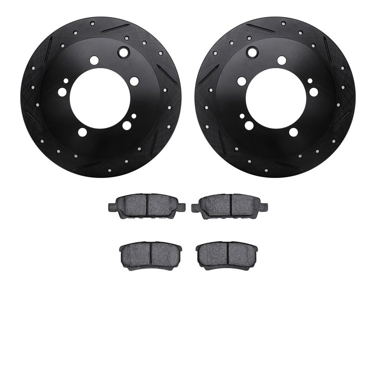 8302-72084 Drilled/Slotted Brake Rotors with 3000-Series Ceramic Brake Pads Kit [Black], 2004-2007 Mitsubishi, Position: Rear