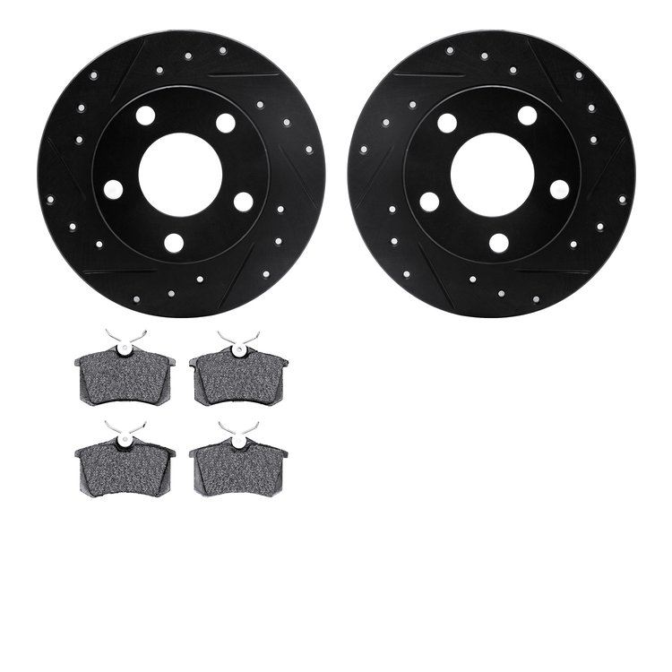 8302-73018 Drilled/Slotted Brake Rotors with 3000-Series Ceramic Brake Pads Kit [Black], 1998-2001 Audi/Volkswagen, Position: Re