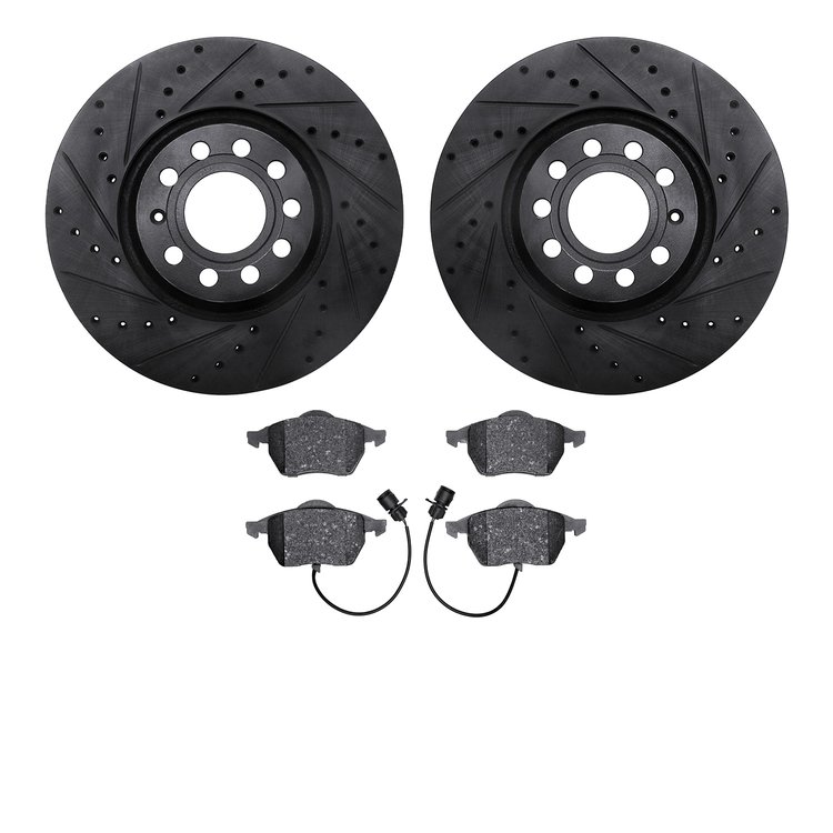 8302-73036 Drilled/Slotted Brake Rotors with 3000-Series Ceramic Brake Pads Kit [Black], 1997-2000 Audi/Volkswagen, Position: Fr