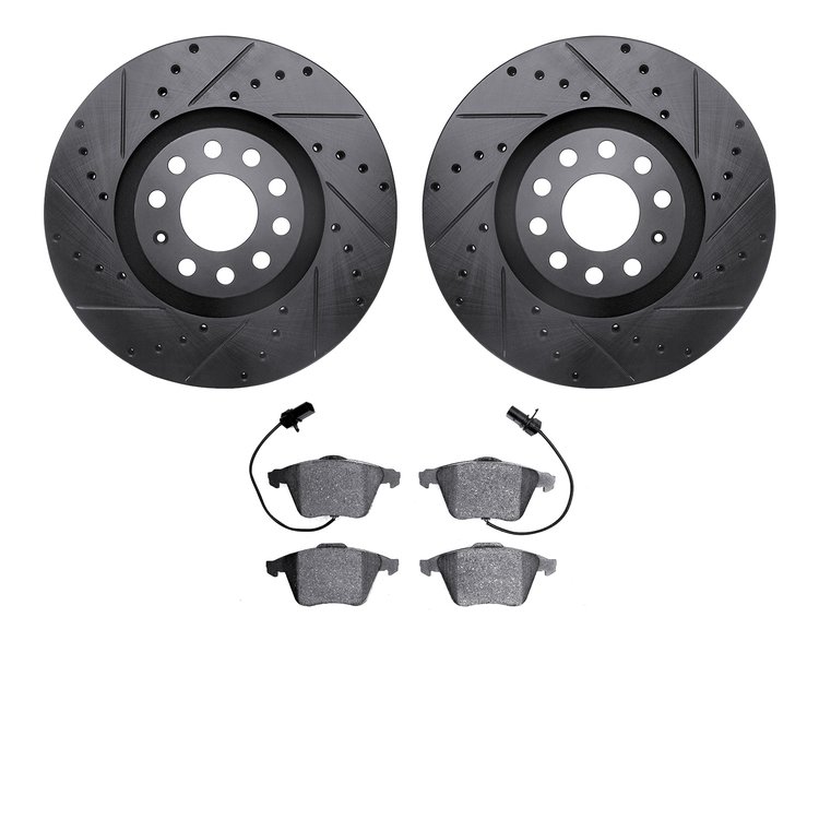 8302-73051 Drilled/Slotted Brake Rotors with 3000-Series Ceramic Brake Pads Kit [Black], 2000-2009 Audi/Volkswagen, Position: Fr