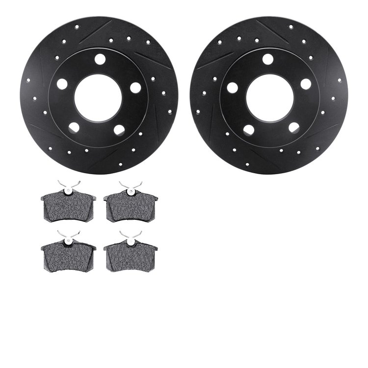 8302-74006 Drilled/Slotted Brake Rotors with 3000-Series Ceramic Brake Pads Kit [Black], 1997-2005 Audi/Volkswagen, Position: Re