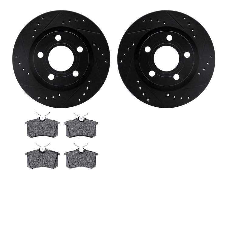 8302-74009 Drilled/Slotted Brake Rotors with 3000-Series Ceramic Brake Pads Kit [Black], 1999-2005 Audi/Volkswagen, Position: Re