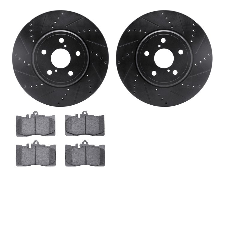 8302-75013 Drilled/Slotted Brake Rotors with 3000-Series Ceramic Brake Pads Kit [Black], 2001-2006 Lexus/Toyota/Scion, Position: