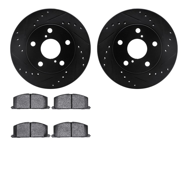 8302-76038 Drilled/Slotted Brake Rotors with 3000-Series Ceramic Brake Pads Kit [Black], 1991-1995 Lexus/Toyota/Scion, Position: