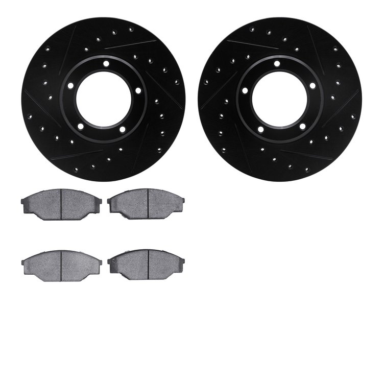 8302-76045 Drilled/Slotted Brake Rotors with 3000-Series Ceramic Brake Pads Kit [Black], 1985-1992 Lexus/Toyota/Scion, Position: