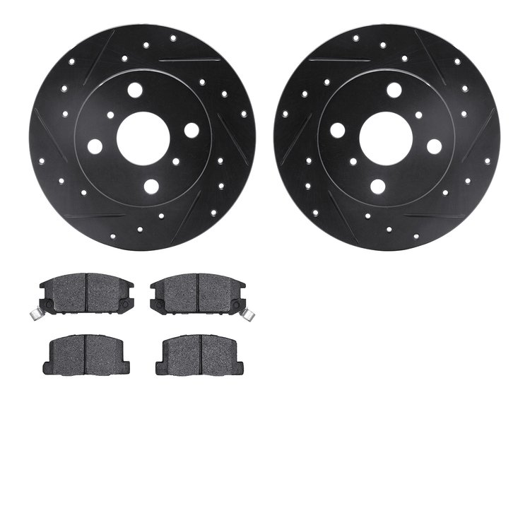 8302-76049 Drilled/Slotted Brake Rotors with 3000-Series Ceramic Brake Pads Kit [Black], 1985-1986 Lexus/Toyota/Scion, Position: