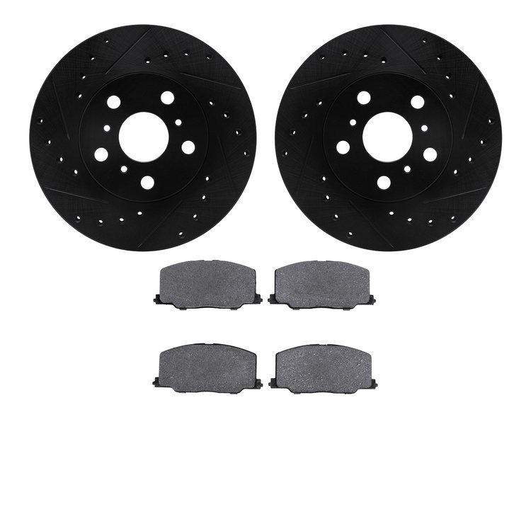 8302-76066 Drilled/Slotted Brake Rotors with 3000-Series Ceramic Brake Pads Kit [Black], 1988-1993 Lexus/Toyota/Scion, Position: