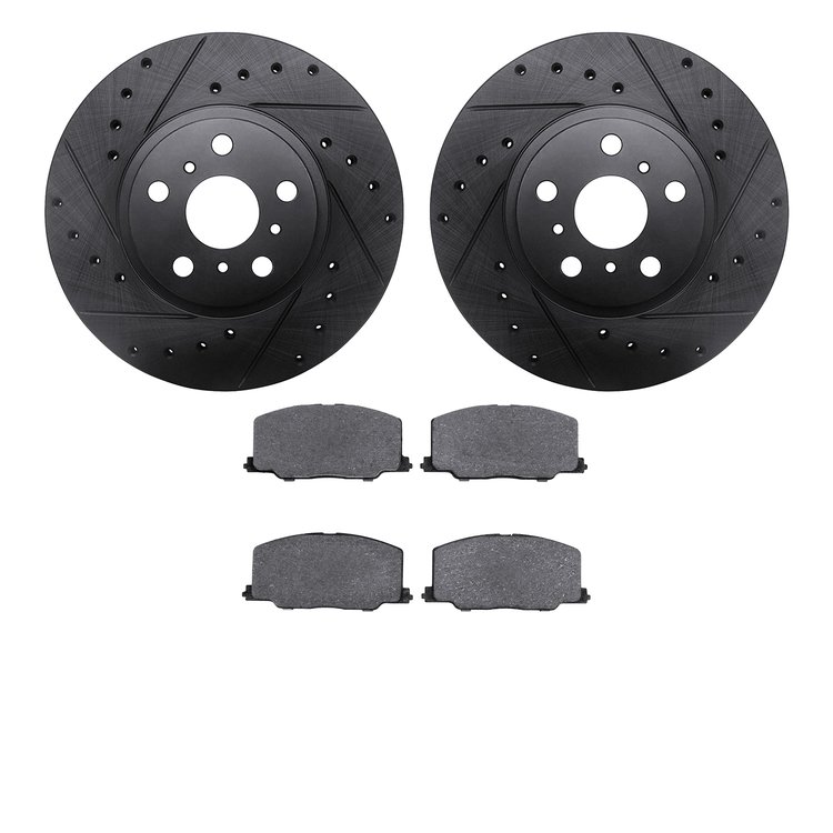 8302-76069 Drilled/Slotted Brake Rotors with 3000-Series Ceramic Brake Pads Kit [Black], 1990-1993 Lexus/Toyota/Scion, Position:
