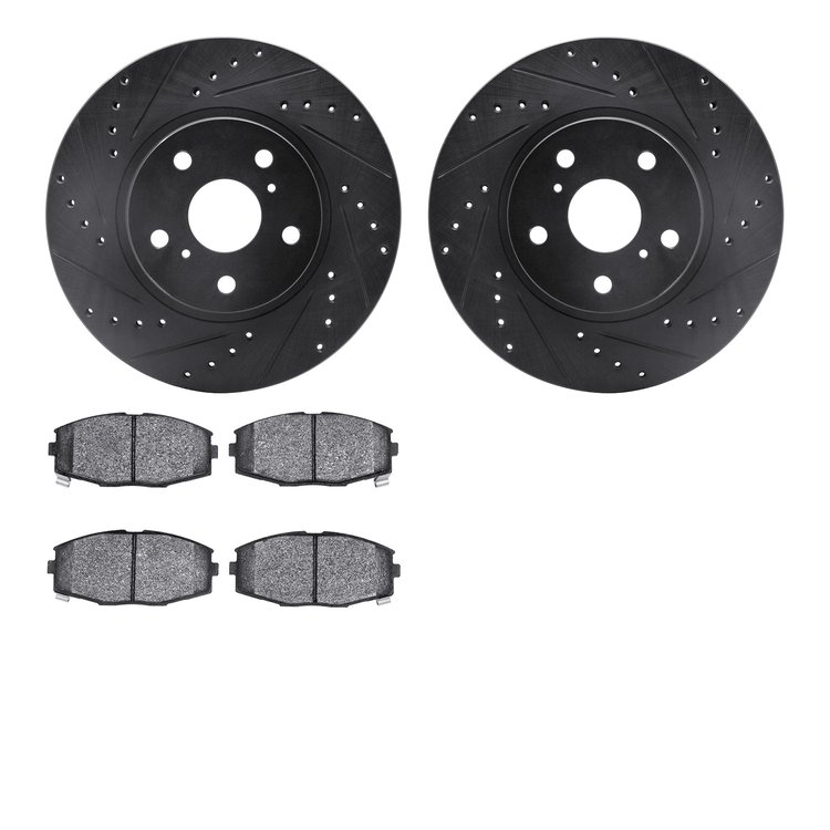 8302-76075 Drilled/Slotted Brake Rotors with 3000-Series Ceramic Brake Pads Kit [Black], 1986-1992 Lexus/Toyota/Scion, Position: