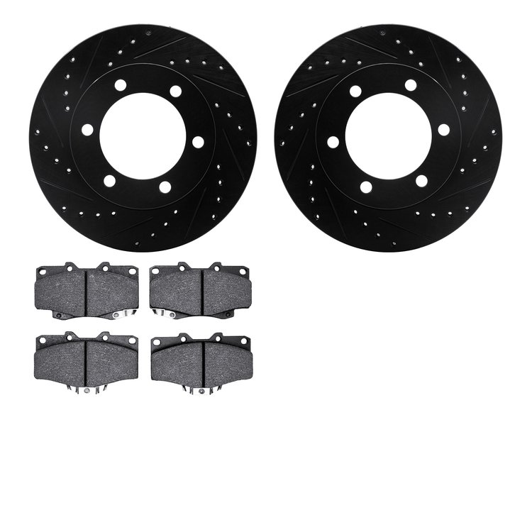 8302-76076 Drilled/Slotted Brake Rotors with 3000-Series Ceramic Brake Pads Kit [Black], 1995-2004 Lexus/Toyota/Scion, Position: