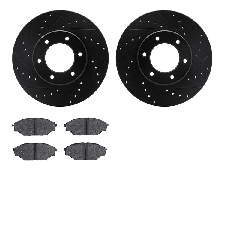 8302-76097 Drilled/Slotted Brake Rotors with 3000-Series Ceramic Brake Pads Kit [Black], 1993-1998 Lexus/Toyota/Scion, Position: