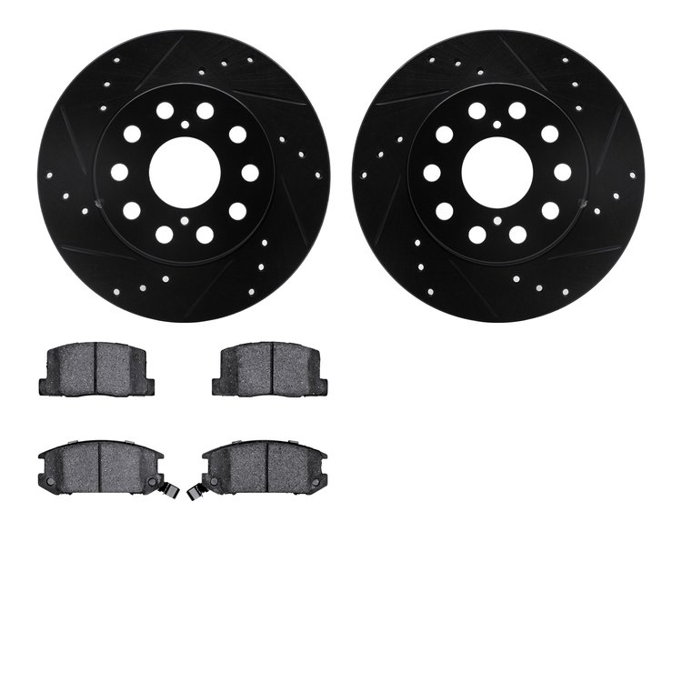 8302-76108 Drilled/Slotted Brake Rotors with 3000-Series Ceramic Brake Pads Kit [Black], 1991-1995 Lexus/Toyota/Scion, Position: