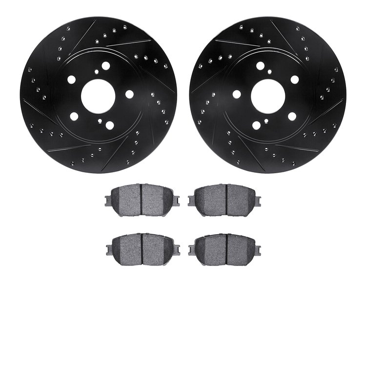 8302-76141 Drilled/Slotted Brake Rotors with 3000-Series Ceramic Brake Pads Kit [Black], 2002-2003 Lexus/Toyota/Scion, Position: