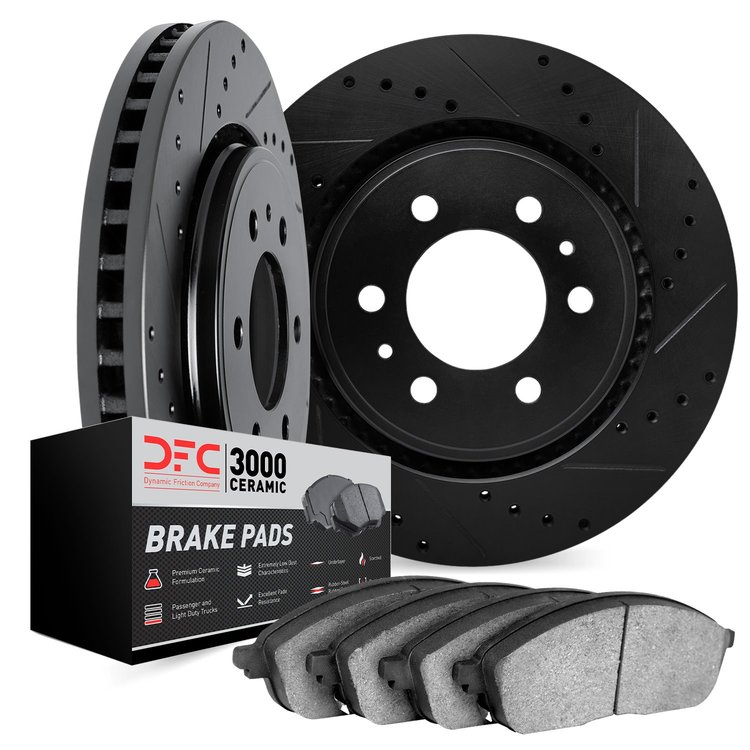 8302-92030 Drilled/Slotted Brake Rotors with 3000-Series Ceramic Brake Pads Kit [Black], 2008-2017 Mitsubishi, Position: Front