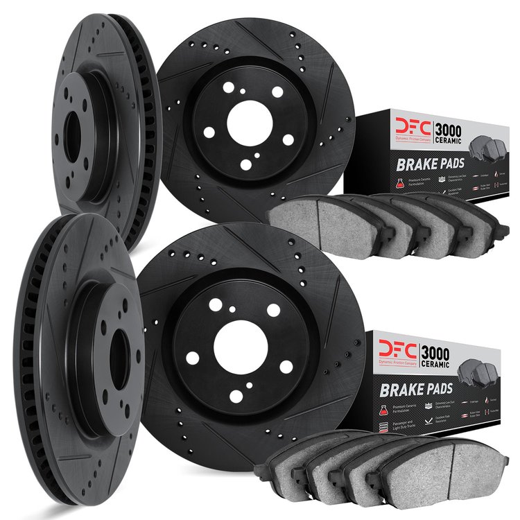 8304-02002 Drilled/Slotted Brake Rotors with 3000-Series Ceramic Brake Pads Kit [Black], 1977-1988 Porsche, Position: Front and 