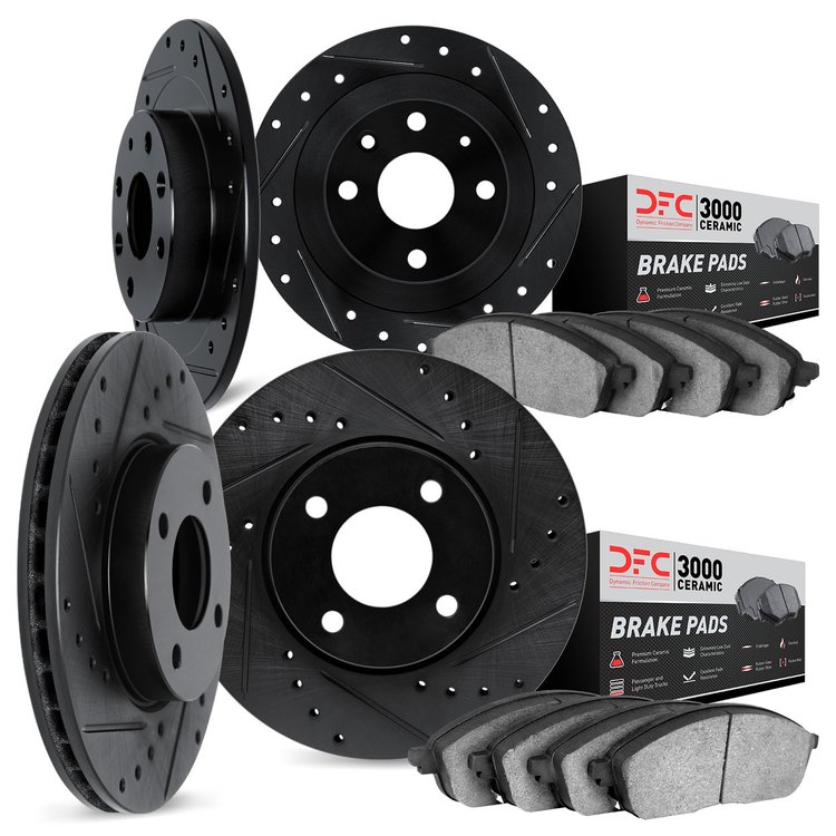 8304-31018 Drilled/Slotted Brake Rotors with 3000-Series Ceramic Brake Pads Kit [Black], 1984-1991 BMW, Position: Front and Rear