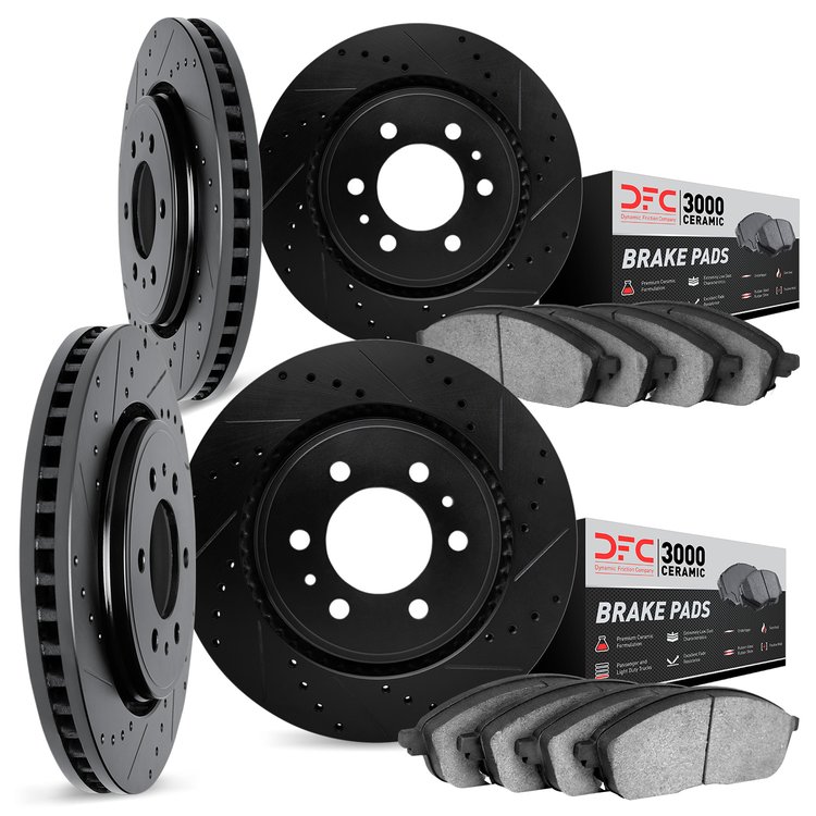 8304-37004 Drilled/Slotted Brake Rotors with 3000-Series Ceramic Brake Pads Kit [Black], 2001-2004 Multiple Makes/Models, Positi