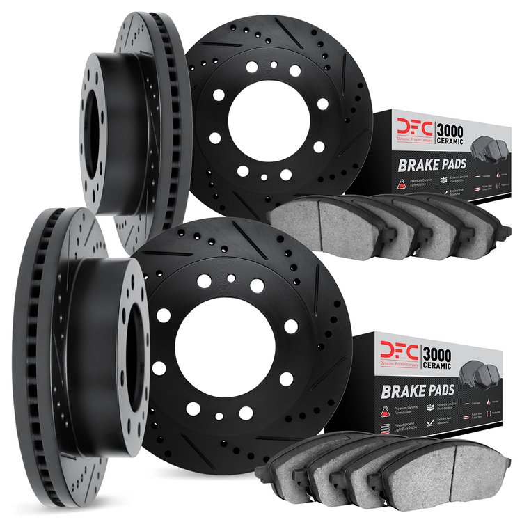 8304-40021 Drilled/Slotted Brake Rotors with 3000-Series Ceramic Brake Pads Kit [Black], 2000-2002 Mopar, Position: Front and Re