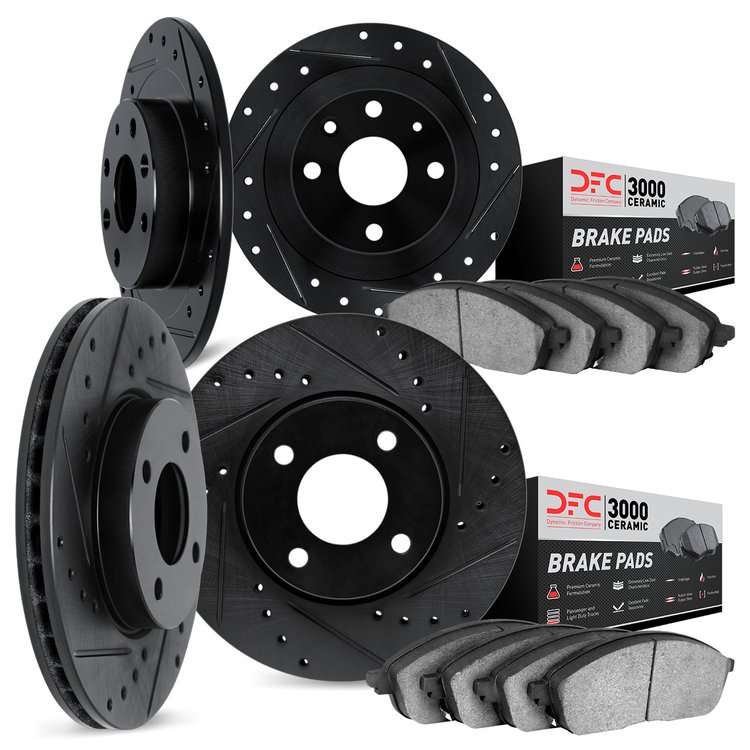 8304-59017 Drilled/Slotted Brake Rotors with 3000-Series Ceramic Brake Pads Kit [Black], 1992-1996 Acura/Honda, Position: Front 