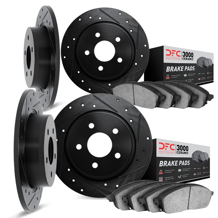8304-63022 Drilled/Slotted Brake Rotors with 3000-Series Ceramic Brake Pads Kit [Black], 1973-1979 Mercedes-Benz, Position: Fron