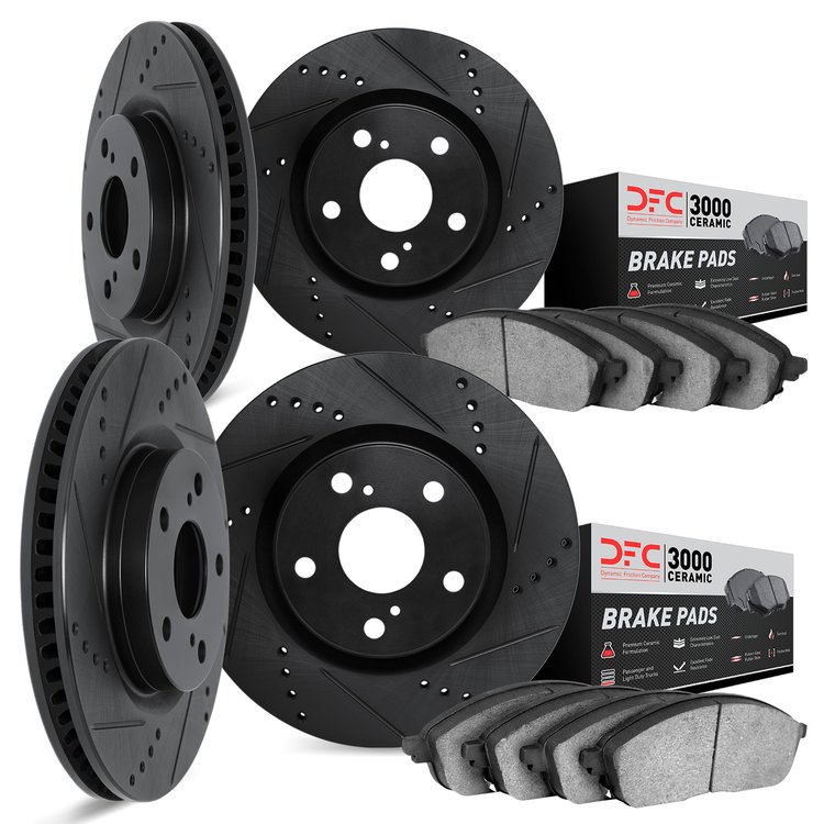 8304-72040 Drilled/Slotted Brake Rotors with 3000-Series Ceramic Brake Pads Kit [Black], 2006-2012 Mitsubishi, Position: Front a