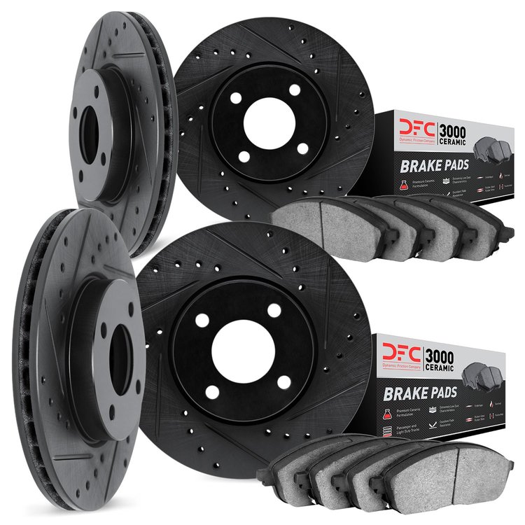 8304-76003 Drilled/Slotted Brake Rotors with 3000-Series Ceramic Brake Pads Kit [Black], 1985-1988 Lexus/Toyota/Scion, Position: