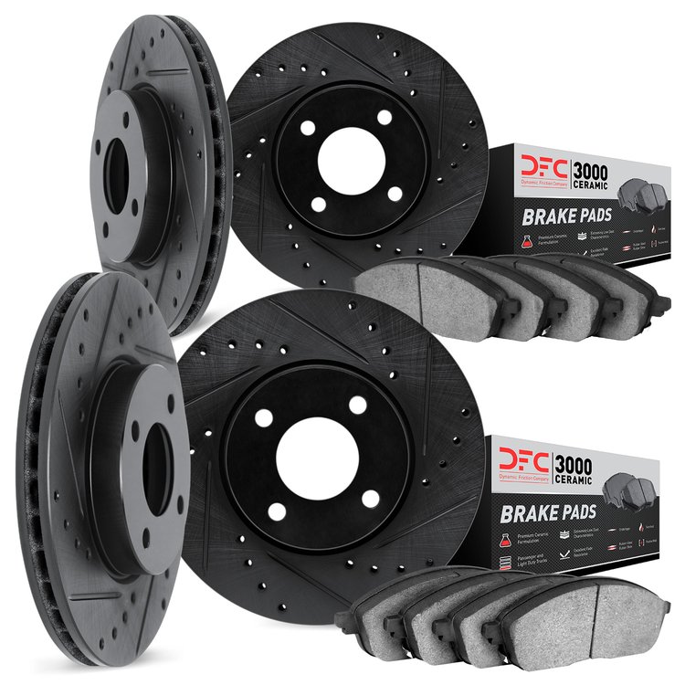 8304-76047 Drilled/Slotted Brake Rotors with 3000-Series Ceramic Brake Pads Kit [Black], 2000-2005 Lexus/Toyota/Scion, Position:
