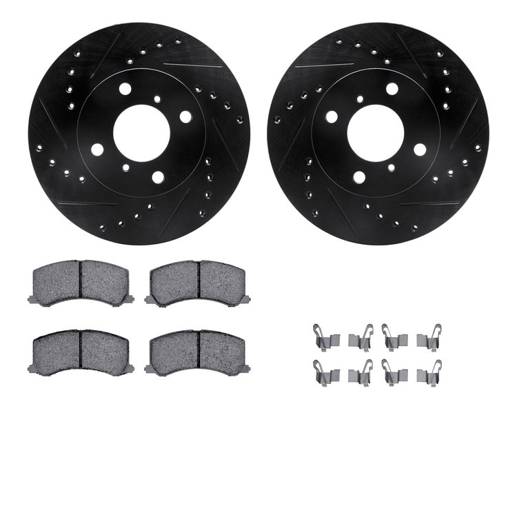 8312-01007 Drilled/Slotted Brake Rotors with 3000-Series Ceramic Brake Pads Kit & Hardware [Black], 1999-2002 Suzuki, Position: 