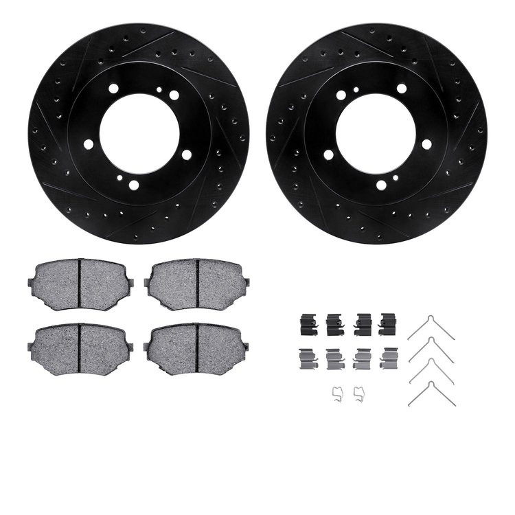 8312-01008 Drilled/Slotted Brake Rotors with 3000-Series Ceramic Brake Pads Kit & Hardware [Black], 1996-1998 Suzuki, Position: 