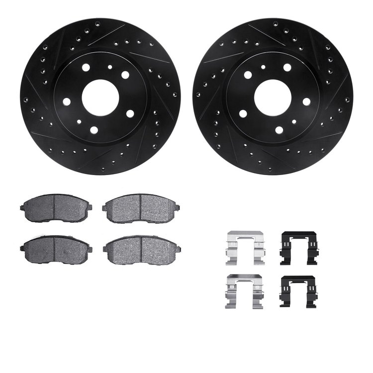 8312-01011 Drilled/Slotted Brake Rotors with 3000-Series Ceramic Brake Pads Kit & Hardware [Black], 2007-2014 Suzuki, Position: 