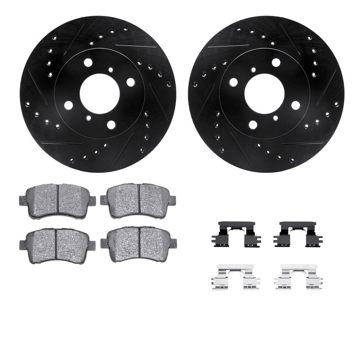 8312-01013 Drilled/Slotted Brake Rotors with 3000-Series Ceramic Brake Pads Kit & Hardware [Black], 2002-2005 Suzuki, Position: 