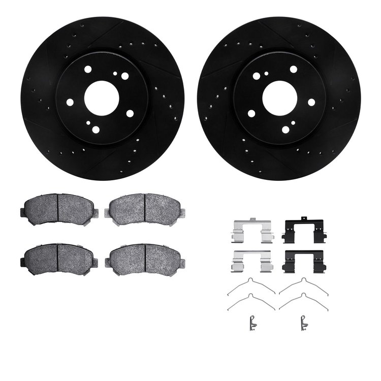 8312-01020 Drilled/Slotted Brake Rotors with 3000-Series Ceramic Brake Pads Kit & Hardware [Black], 2010-2013 Suzuki, Position: 