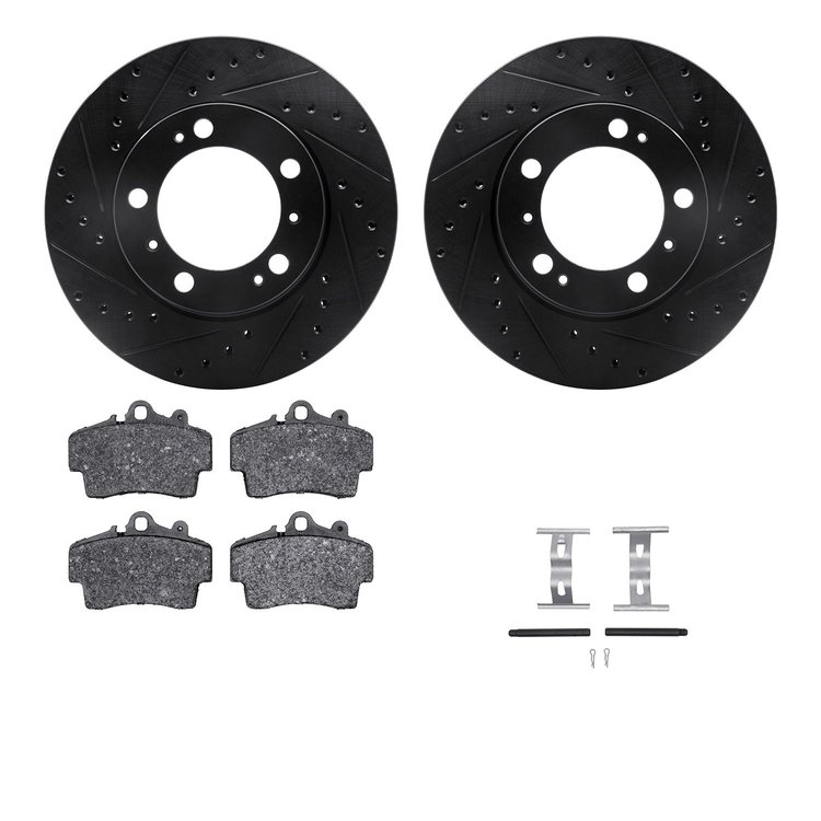 8312-02012 Drilled/Slotted Brake Rotors with 3000-Series Ceramic Brake Pads Kit & Hardware [Black], 1997-2004 Porsche, Position: