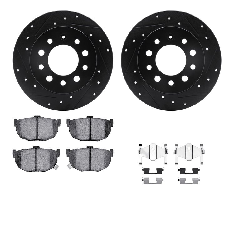 8312-03004 Drilled/Slotted Brake Rotors with 3000-Series Ceramic Brake Pads Kit & Hardware [Black], 2003-2008 Kia/Hyundai/Genesi