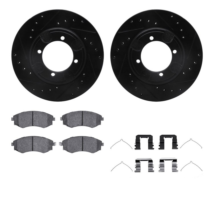 8312-03013 Drilled/Slotted Brake Rotors with 3000-Series Ceramic Brake Pads Kit & Hardware [Black], 1992-1998 Kia/Hyundai/Genesi