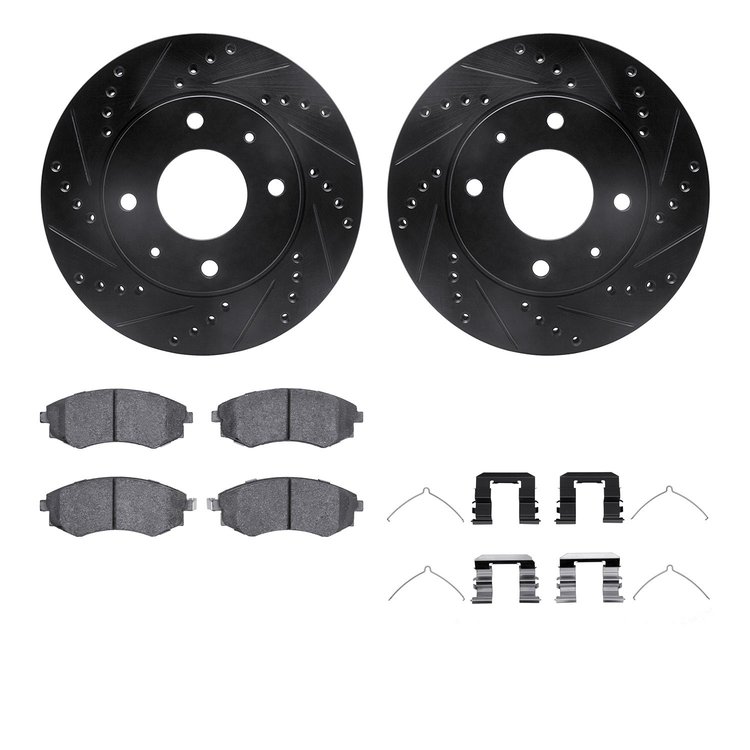 8312-03014 Drilled/Slotted Brake Rotors with 3000-Series Ceramic Brake Pads Kit & Hardware [Black], 2001-2003 Kia/Hyundai/Genesi