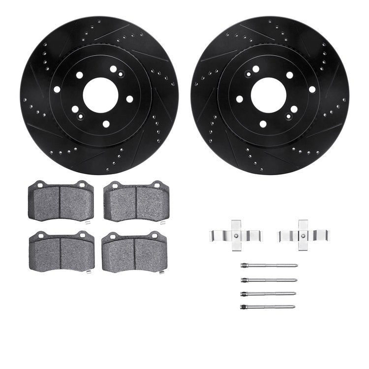8312-03028 Drilled/Slotted Brake Rotors with 3000-Series Ceramic Brake Pads Kit & Hardware [Black], 2010-2016 Kia/Hyundai/Genesi