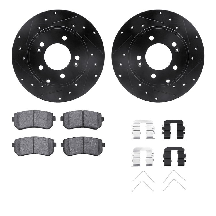 8312-03038 Drilled/Slotted Brake Rotors with 3000-Series Ceramic Brake Pads Kit & Hardware [Black], 2016-2020 Kia/Hyundai/Genesi