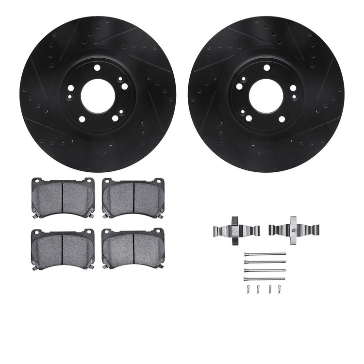 8312-03055 Drilled/Slotted Brake Rotors with 3000-Series Ceramic Brake Pads Kit & Hardware [Black], 2009-2014 Kia/Hyundai/Genesi