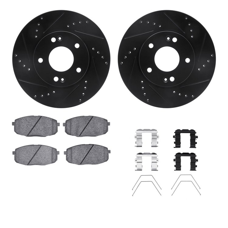 8312-03100 Drilled/Slotted Brake Rotors with 3000-Series Ceramic Brake Pads Kit & Hardware [Black], Fits Select Kia/Hyundai/Gene