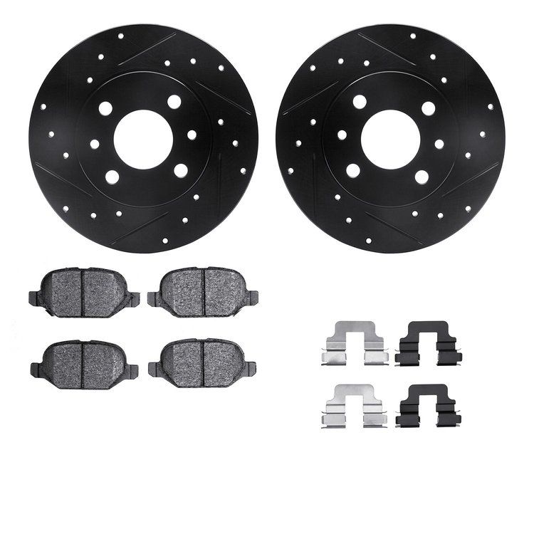 8312-07005 Drilled/Slotted Brake Rotors with 3000-Series Ceramic Brake Pads Kit & Hardware [Black], 2009-2019 Mopar, Position: R