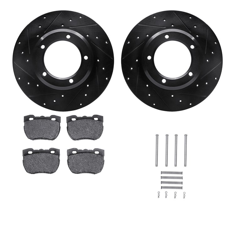 8312-11007 Drilled/Slotted Brake Rotors with 3000-Series Ceramic Brake Pads Kit & Hardware [Black], 1994-1999 Land Rover, Positi