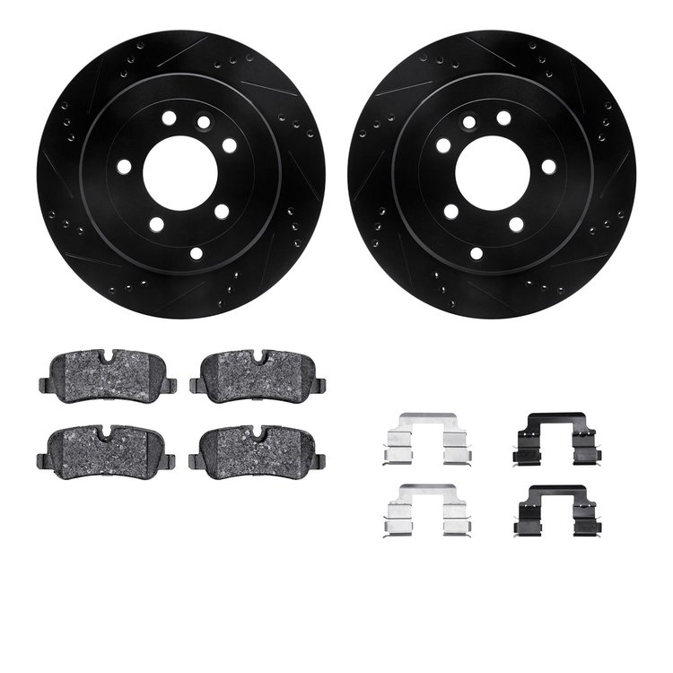 8312-11016 Drilled/Slotted Brake Rotors with 3000-Series Ceramic Brake Pads Kit & Hardware [Black], 2005-2007 Land Rover, Positi